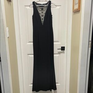 Adrianna Papell |Black | Maxi Dress | Nude Lace/Beaded V Insert  | Long | Size 4
